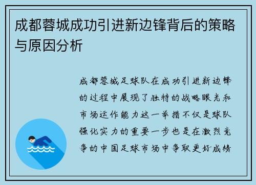 成都蓉城成功引进新边锋背后的策略与原因分析